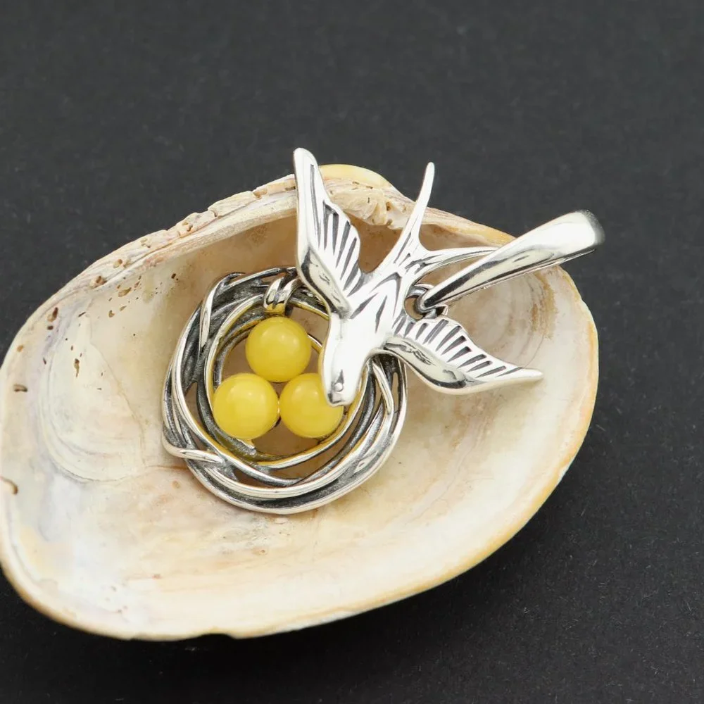 Very unique yellow amber pendant with all three parts moving, sterling silver - Picture 8 of 11